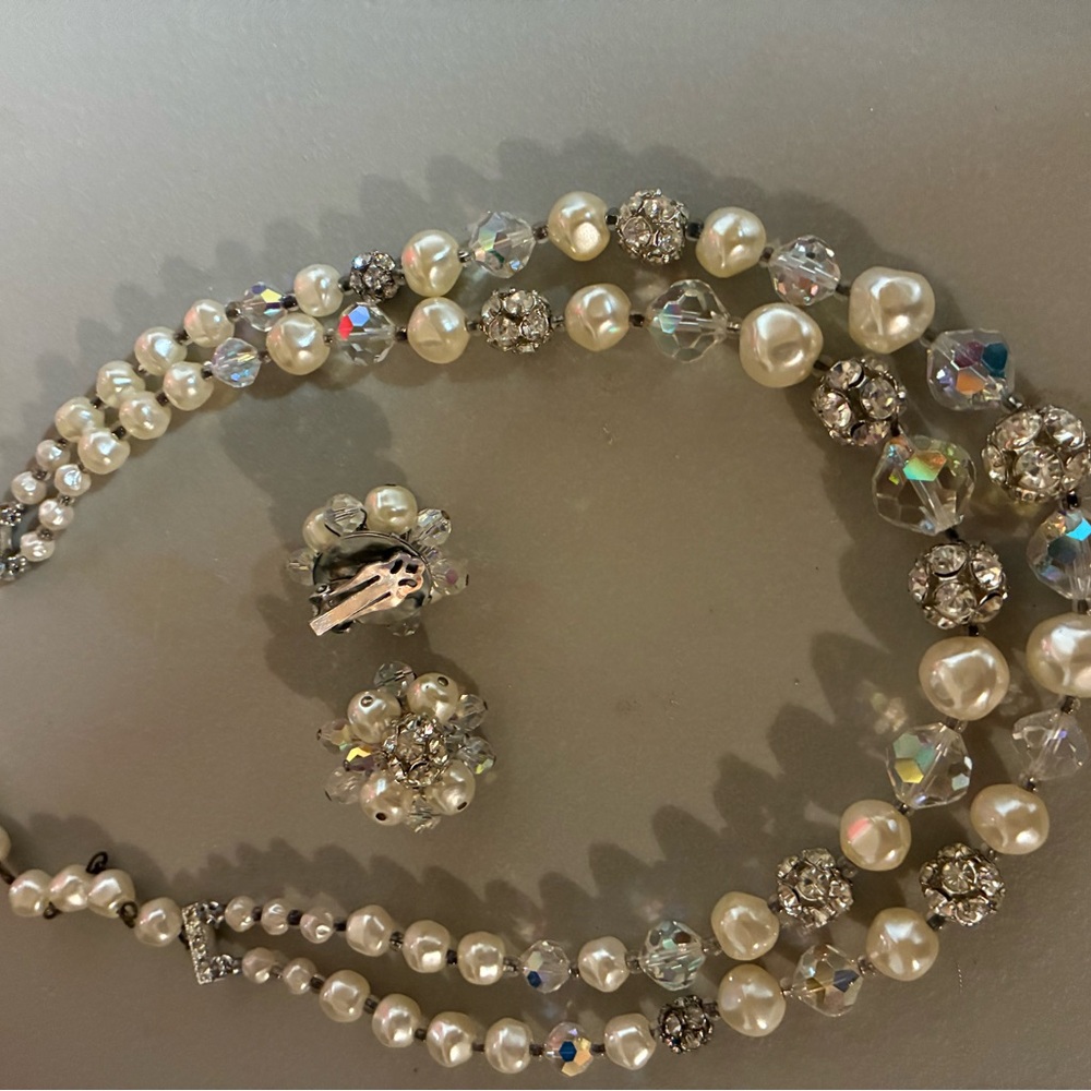 Unique Vintage Pearl and Crystal Necklace Set